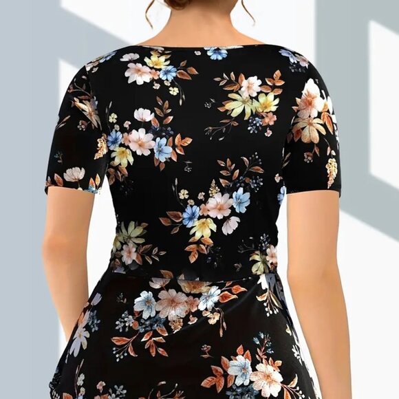Women Plus Size Elegant Floral Print Twist Tee Summer Vacation Blouse Top 22W - Picture 5 of 10